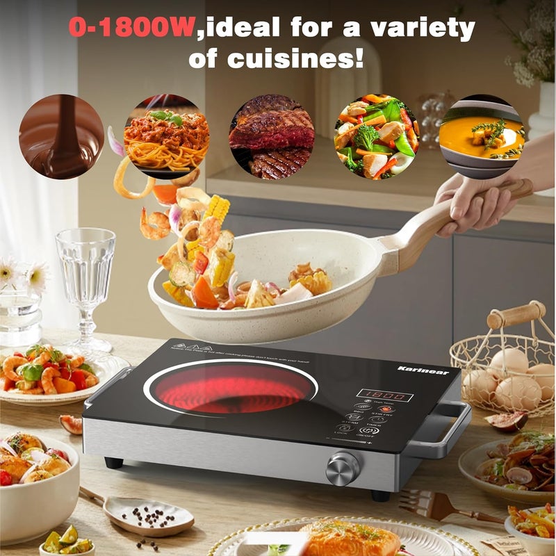 Karinear Portable Electric Stove 110V, 1800W Electric Hot Plate with Handle, Knob Control Single Burner Electri Cooktop, Ceramic Infrared Countertop Burner, Timer, Safety Lock - Image 2